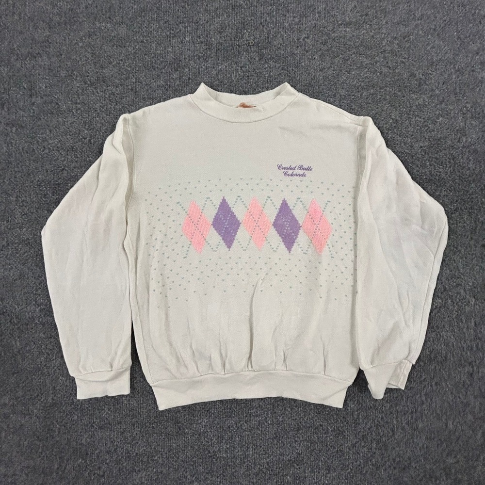 Western Shirt Line Sweatshirt Womens Size S White Argyle Crested Butte Colorado